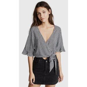 RAILS Athena Black White Gingham Check Linen Blend Crop Wrap Blouse Top, Size S